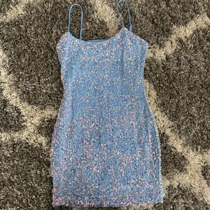 Blue Sequin Mini Dress with Spaghetti Straps